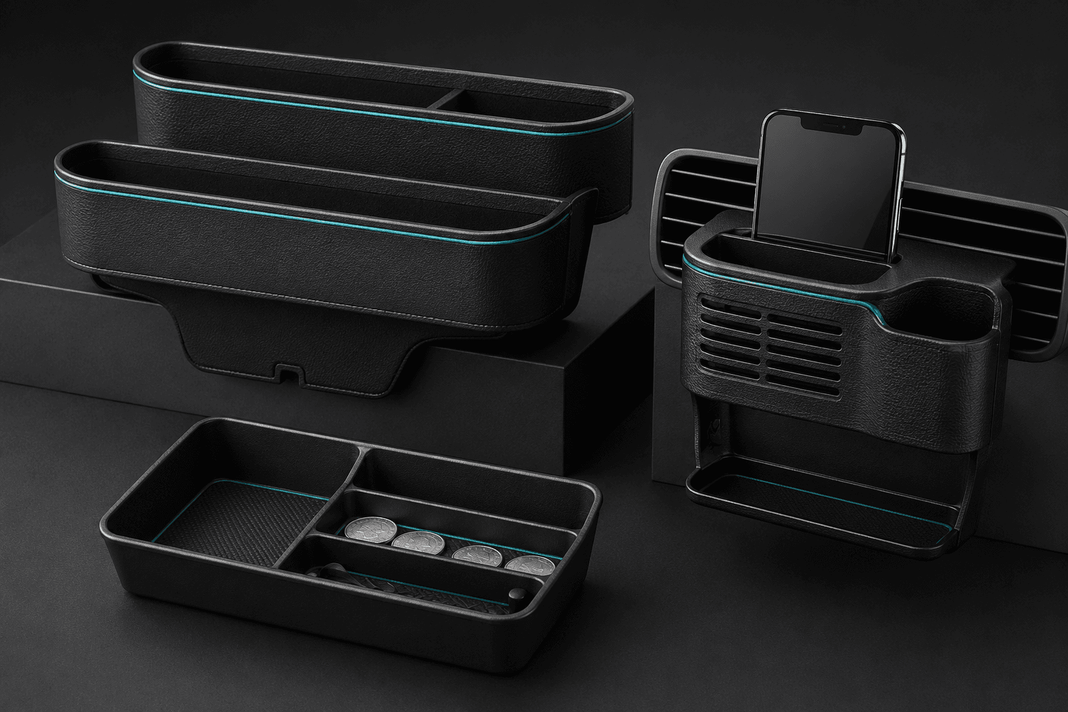 Seat-Gap & Console Storage Set — 2 seat gap storage pockets, 1 air vent phone/clutter holder